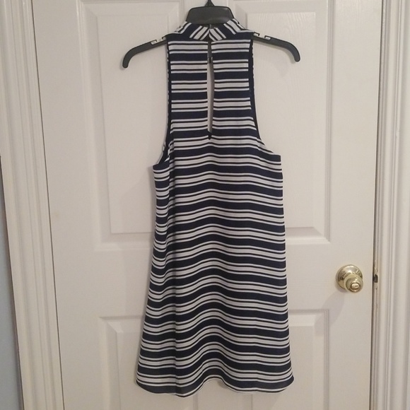 Olivaceous Dress Blue White Striped Halter - Picture 2 of 6